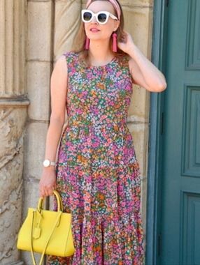 J. Crew Sleeveless Floral Tiered Maxi Dress in Pink, Green and Yellow